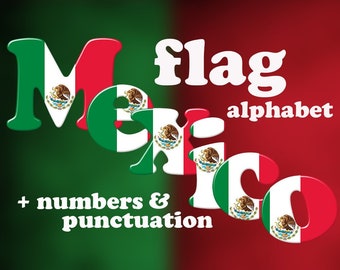 Mexican flag alphabet clipart, green, red and white font, printable large and small letters, numbers and punctuation; for commercial use
