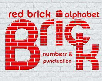 Red brick wall alphabet clipart, printable digital font, small and large letters, numbers and punctuation marks; for commercial use