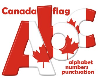 Canada alphabet clipart, Canadian flag, red and white printable font, large and small letters, numbers and punctuation; for commercial use