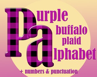 Purple buffalo plaid digital alphabet clipart, violet plaid font with large and small letters, numbers and punctuation; for commercial use