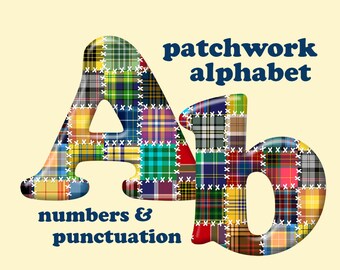 Patchwork digital alphabet clipart, colorful plaid font with large and small letters, numbers and punctuation marks; for commercial use