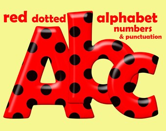 Red with black dots digital alphabet clipart, dotted font with large and small letters, numbers and punctuation marks; for commercial use