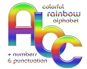 Colorful rainbow alphabet clipart, printable digital font with capital and small letters, numbers and punctuation marks; for commercial use