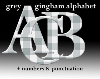 Grey gingham plaid digital alphabet clipart, checkered font, printable large and small letters, numbers and punctuation; for commercial use