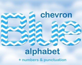 Blue chevron digital alphabet clipart, printable chevron font, large and small letters, numbers and punctuation marks; for commercial use