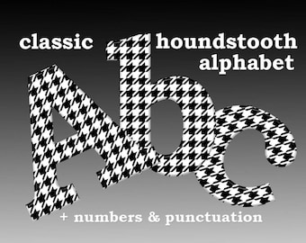 Houndstooth black and white digital alphabet clipart, font with large and small letters, numbers and punctuation marks; for commercial use