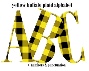 Black and yellow plaid digital alphabet clipart, gingham font with large and small letters, numbers and punctuation; for commercial use