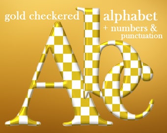 Gold and white checkers digital alphabet clipart, gold font with large and small letters, numbers and punctuation marks; for commercial use