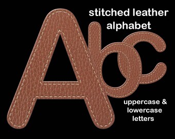 Stitched leather alphabet clipart, printable brown digital font with large and small letters; for commercial use