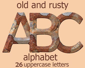 Rusty textured alphabet clipart, metal letters, printable, old rusted digital clipart font with capital letters; for commercial use