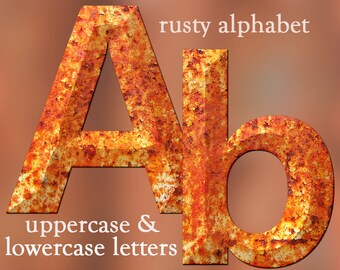 Rusty metal alphabet clipart, rusted digital font, printable capital and small rusty letters; for commercial use