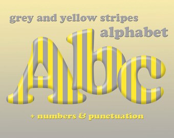 Grey and yellow striped digital alphabet clipart, stripes font, large and small letters, numbers and punctuation marks; for commercial use