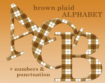 Brown plaid digital alphabet clipart, gingham font with large and small letters, numbers and punctuation marks; for commercial use