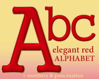 Red digital alphabet clipart with golden border, red font, small and large letters, numbers and punctuation marks; for commercial use