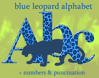 Blue leopard digital alphabet clipart, animal print font, capital and small letters, numbers and punctuation; for commercial use