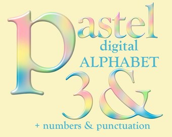 Pastel alphabet clipart, rainbow colorful digital font with large and small letters, numbers and punctuation marks; for commercial use