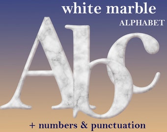 White marble digital alphabet clipart, marble stone font with large and small letters, numbers and punctuation marks; for commercial use