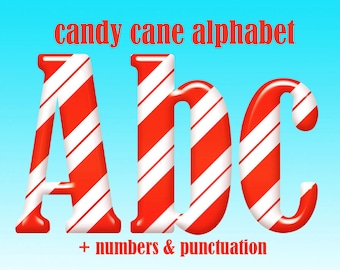 Candy cane Christmas alphabet clipart, striped red and white digital font with letters, numbers and punctuation marks; for commercial use