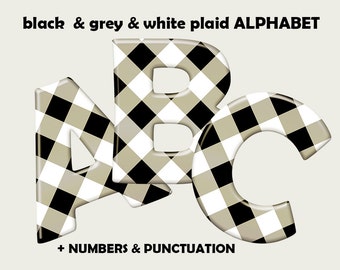 Black and white plaid digital alphabet clipart, printable font with large and small letters, numbers and punctuation; for commercial use