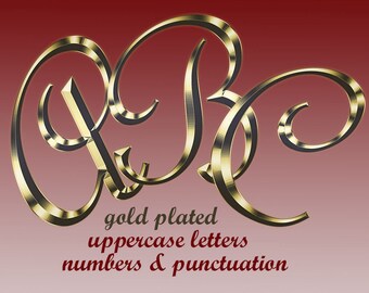Gold plated digital alphabet clipart, golden font with uppercase letters, numbers and punctuation marks; for commercial use