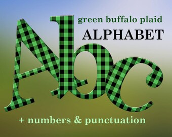 Green buffalo plaid digital alphabet clipart, checkered font with large and small letters, numbers and punctuation marks; for commercial use