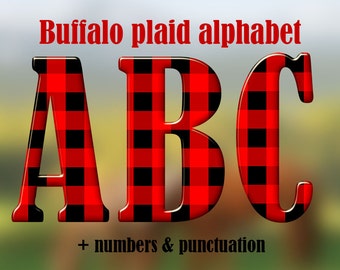 Buffalo plaid digital alphabet clipart, red black plaid font with large and small letters, numbers and punctuation marks; for commercial use
