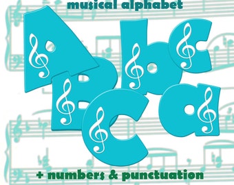 Musical alphabet clipart; printable digital music font, capital and small letters, numbers and punctuation marks; for commercial use