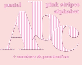 Pink striped digital alphabet clipart, striped pink font with large and small letters, numbers and punctuation marks; for commercial use