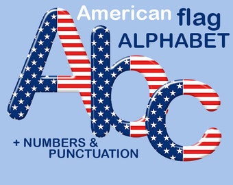 American flag alphabet clipart, patriotic 4th of July blue red white font, with letters, numbers and punctuation marks ; for commercial use