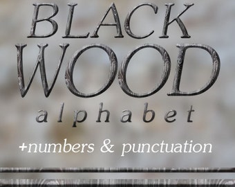 Black wood alphabet clipart, wooden digital font with capital and small letters, numbers and punctuation marks; for commercial use
