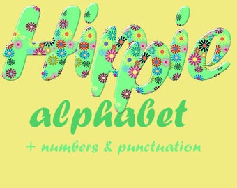 Hippie style flower digital alphabet clipart: green printable font with letters, numbers and punctuation marks ; for commercial use