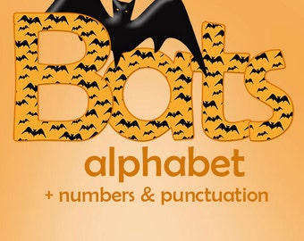 Halloween bats digital alphabet clipart, spooky orange font with large and small letters, numbers and punctuation marks; for commercial use