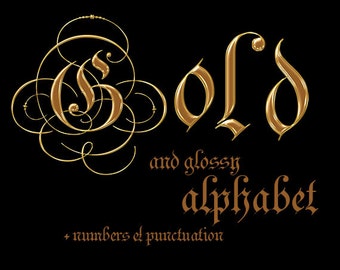 Gold glossy digital alphabet clipart, golden printable font with capital and small letters, numbers and punctuation; for commercial use