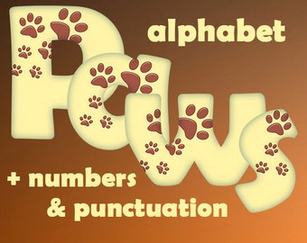 Animal paws alphabet clipart, animal footprints font, yellow and brown letters, capital and small letters and numbers; for commercial use