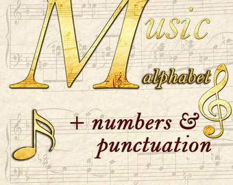 Music sheet alphabet clipart, printable musical font with capital and small letters, numbers and punctuation marks; for commercial use
