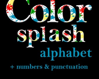Colour splashed white digital alphabet, colorful printable font, large and small letters, numbers and punctuation marks; for commercial use