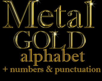 Metal gold digital alphabet clipart, golden font with uppercase and lowercase letters, numbers and punctuation marks; for commercial use