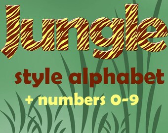 Jungle alphabet clipart, zebra animal print font, brown and yellow stripes, capital and small letters and numbers; for commercial use