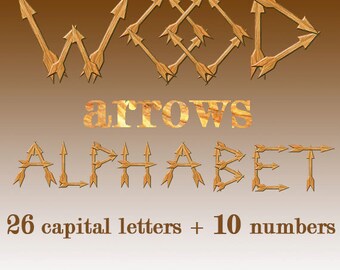Wood arrows digital alphabet clipart with wooden uppercase letters and numbers, tribal, ethno font; for commercial use