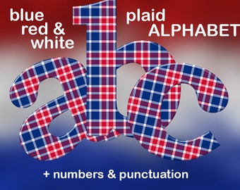 Plaid blue and red digital alphabet clipart, scottish plaid font, digital tartan letters, numbers and punctuation marks; for commercial use