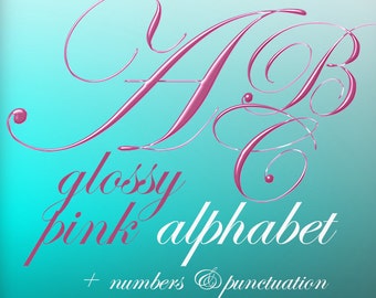 Glossy pink digital alphabet, pink clipart font with capital and small letters, numbers and punctuation marks; for commercial use