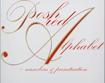 Red digital alphabet clipart with shiny metal border, red font, small and large letters, numbers and punctuation marks; for commercial use
