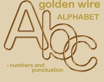 Gold digital alphabet, golden wire clipart font, printable capital and small letters, numbers and punctuation marks; for commercial use
