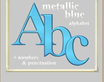 Blue metallic digital alphabet clipart, blue digital font with large and small letters, numbers and punctuation marks; for commercial use