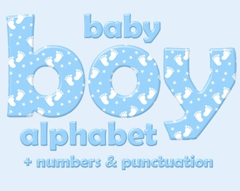 Blue baby boy alphabet clipart, baby feet pattern, children font, capital and small letters, numbers and punctuation; for commercial use