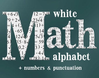 Math alphabet clipart; school font with equations pattern, capital and small letters, numbers and punctuation; for commercial use