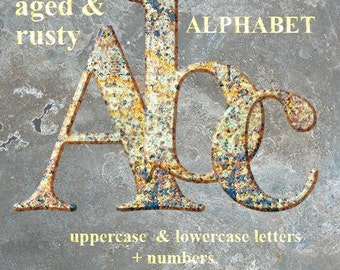 Rusty metal digital alphabet clipart, red brown rust font with capital and small letters and numbers; for commercial use