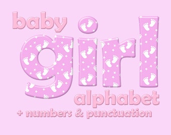Pink baby girl alphabet clipart, baby feet pattern, children font, capital and small letters, numbers and punctuation; for commercial use