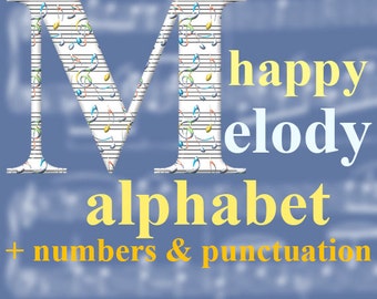 Music notes alphabet clipart; musical font with capital and small letters, numbers and punctuation marks; for commercial use