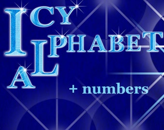 Icy alphabet clipart, white-blue winter font with capital letters and numbers in winter inspired style; for commercial use